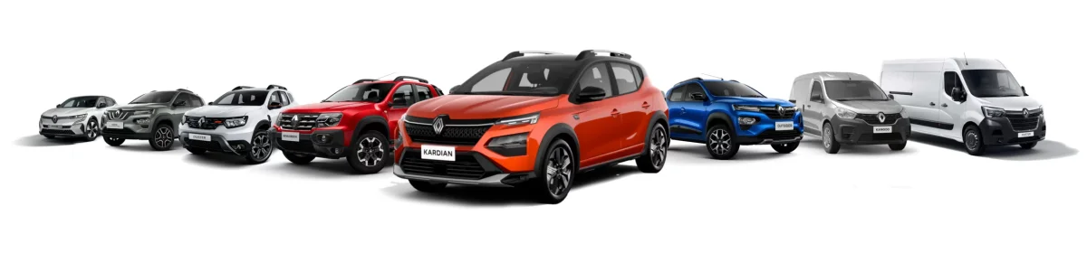 Linha completa de veículos Renault 2025 exibida em formação.