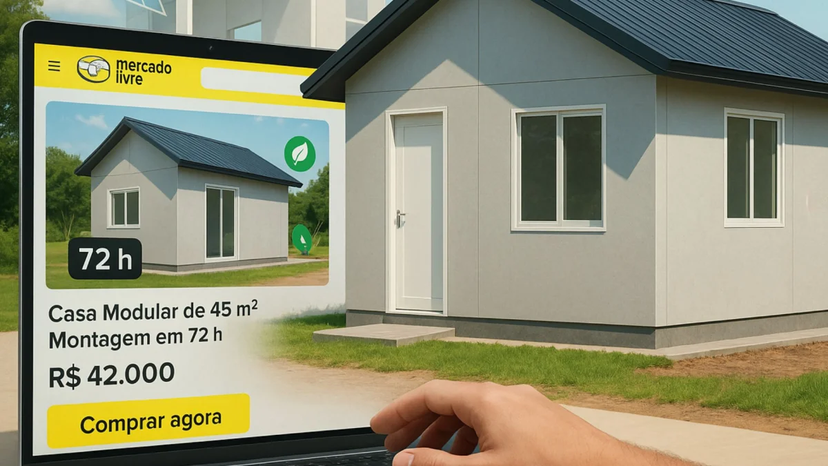 An&uacute;ncio de casa modular destacando montagem em 72 horas