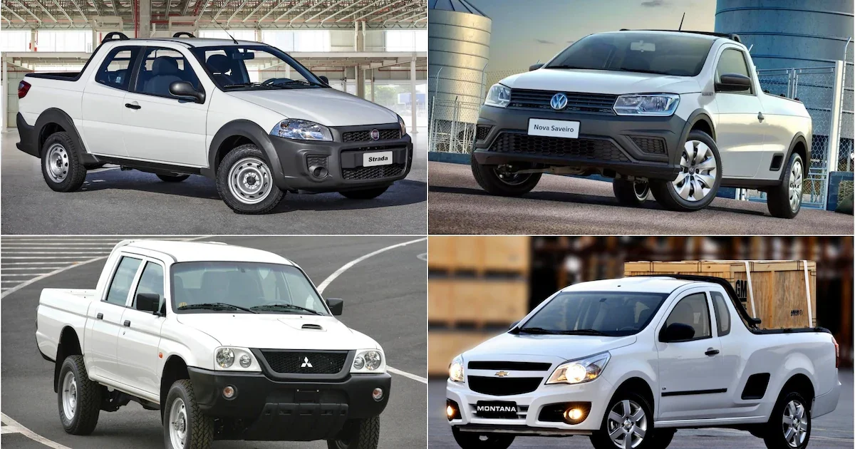 Montagem de diversas picapes incluindo Volkswagen e Chevrolet