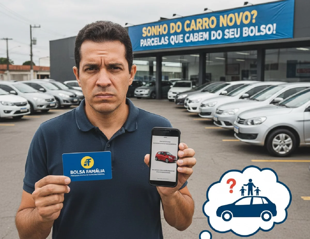 Homem segurando cart&atilde;o do Bolsa Fam&iacute;lia e celular em frente a concession&aacute;ria de carros.