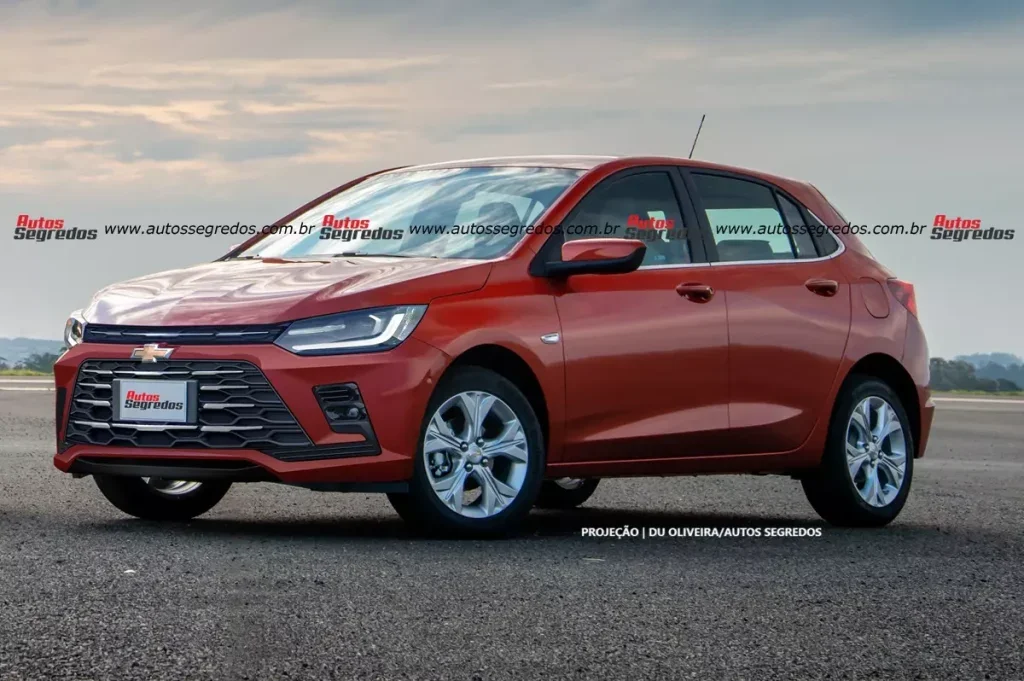 Projeção do novo Chevrolet Onix 2026 em cor vermelha em um estacionamento.