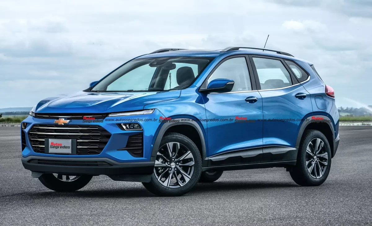 Projeção do novo Chevrolet Tracker 2026 em azul em um estacionamento.