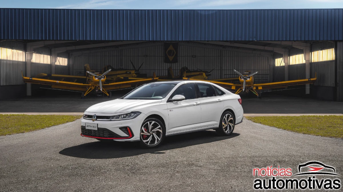Volkswagen Jetta GLI 2026 em destaque com fundo de aviões.