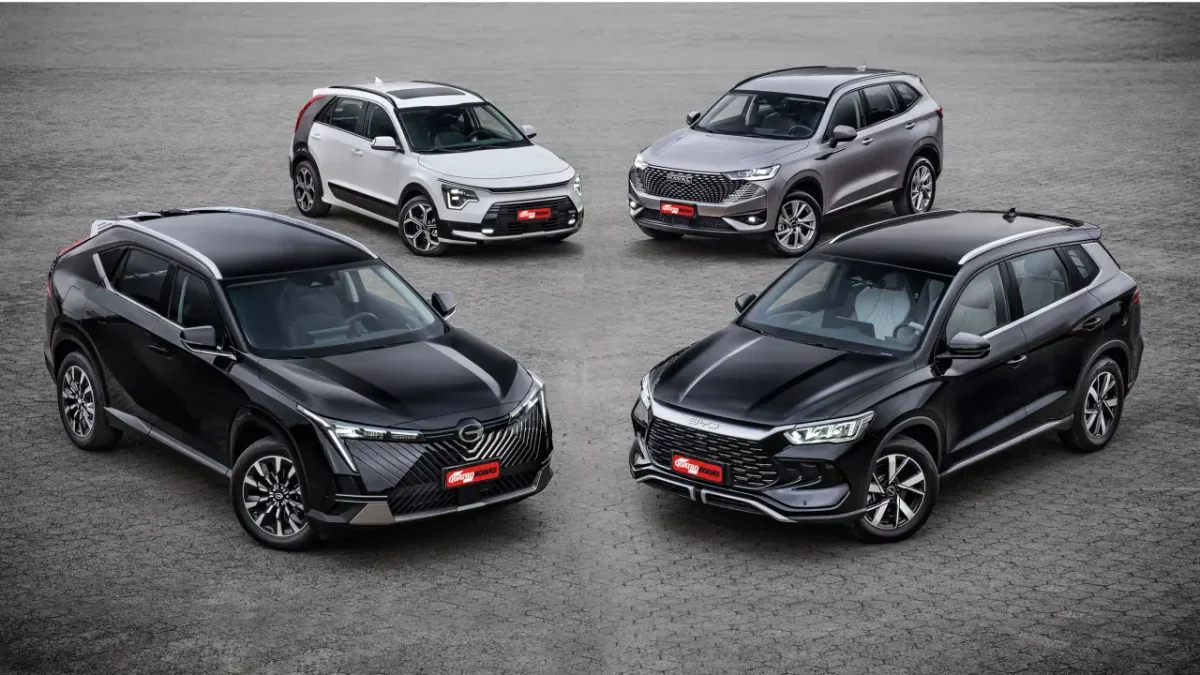 Quatro SUVs h&iacute;bridos comparados: Kia Niro, BYD Song Pro, GAC GS4, GWM Haval H6.