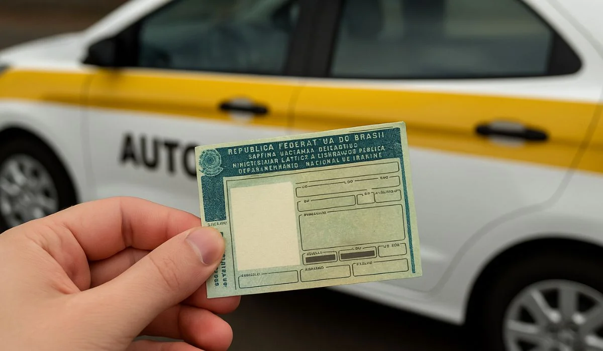 Carteira Nacional de Habilita&ccedil;&atilde;o em foco com carro de autoescola ao fundo.