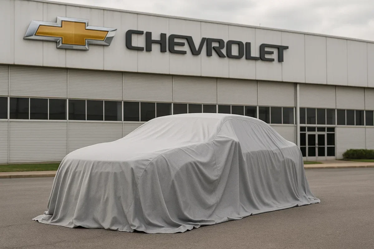 Carro coberto em frente à sede da Chevrolet.