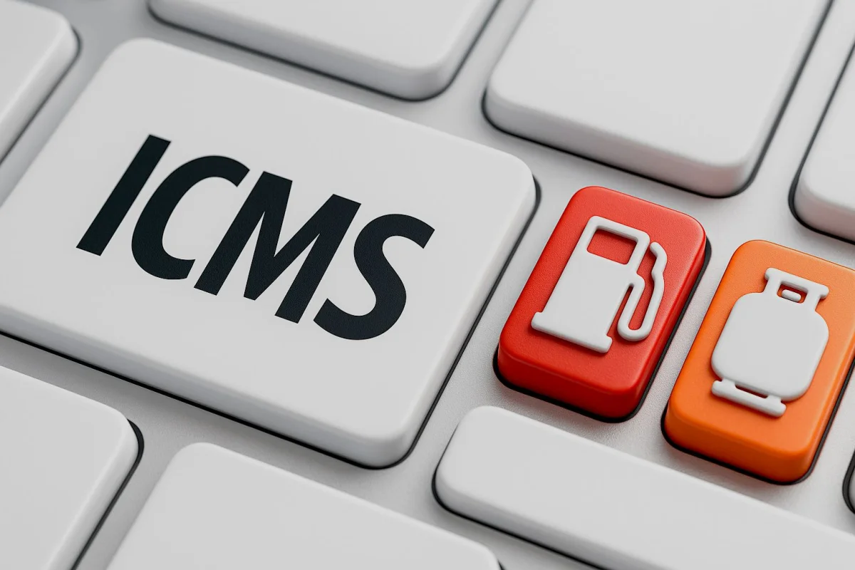 Teclas de teclado com ícones de combustível e gás associados ao ICMS.