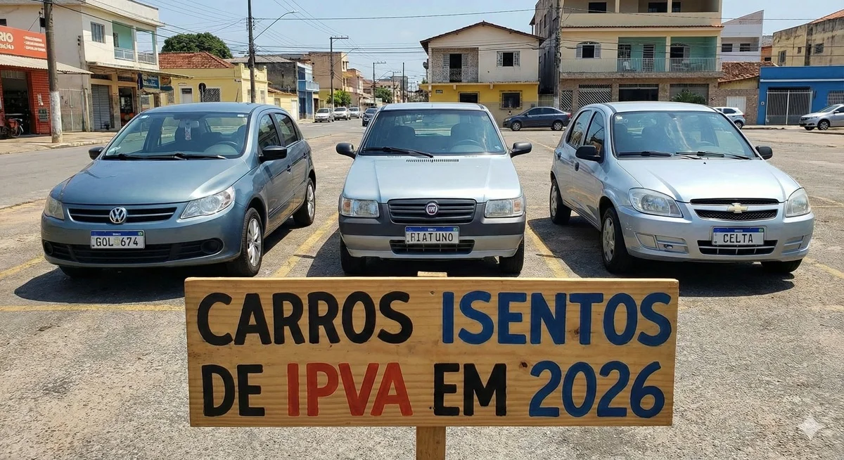 Três carros estacionados com uma placa indicando isenção de IPVA em 2026.