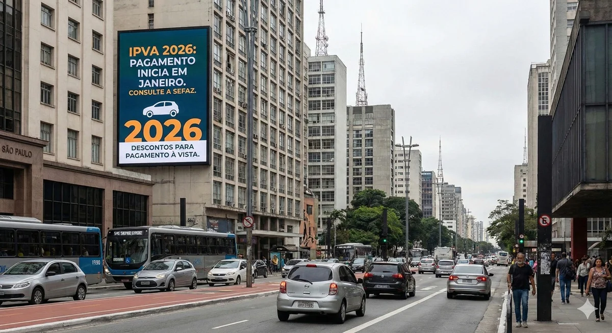 Placa anunciando in&iacute;cio do pagamento do IPVA 2026 em janeiro.
