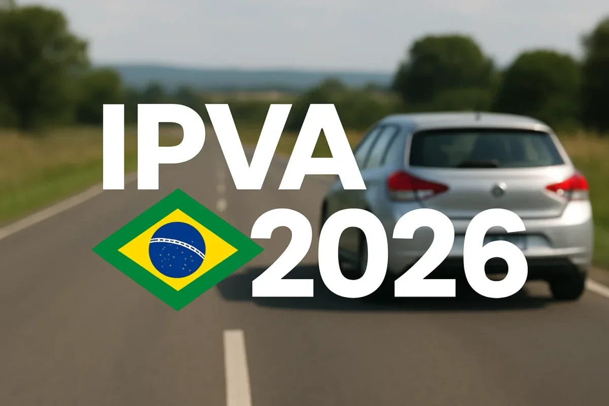 IPVA 2026 ilustrado com um carro na estrada.