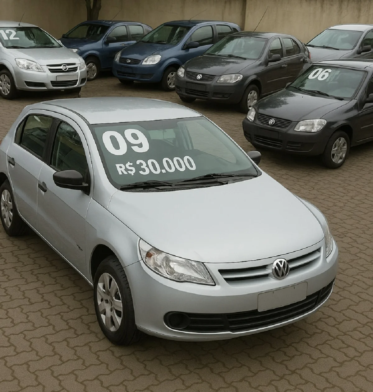 Carros usados em um p&aacute;tio de vendas.