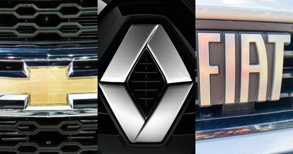 Logos de Chevrolet, Renault e FIAT.