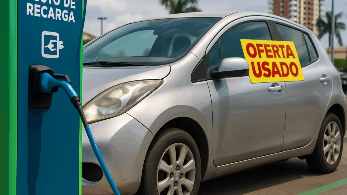 Carro el&eacute;trico usado em oferta com ponto de recarga pr&oacute;ximo.