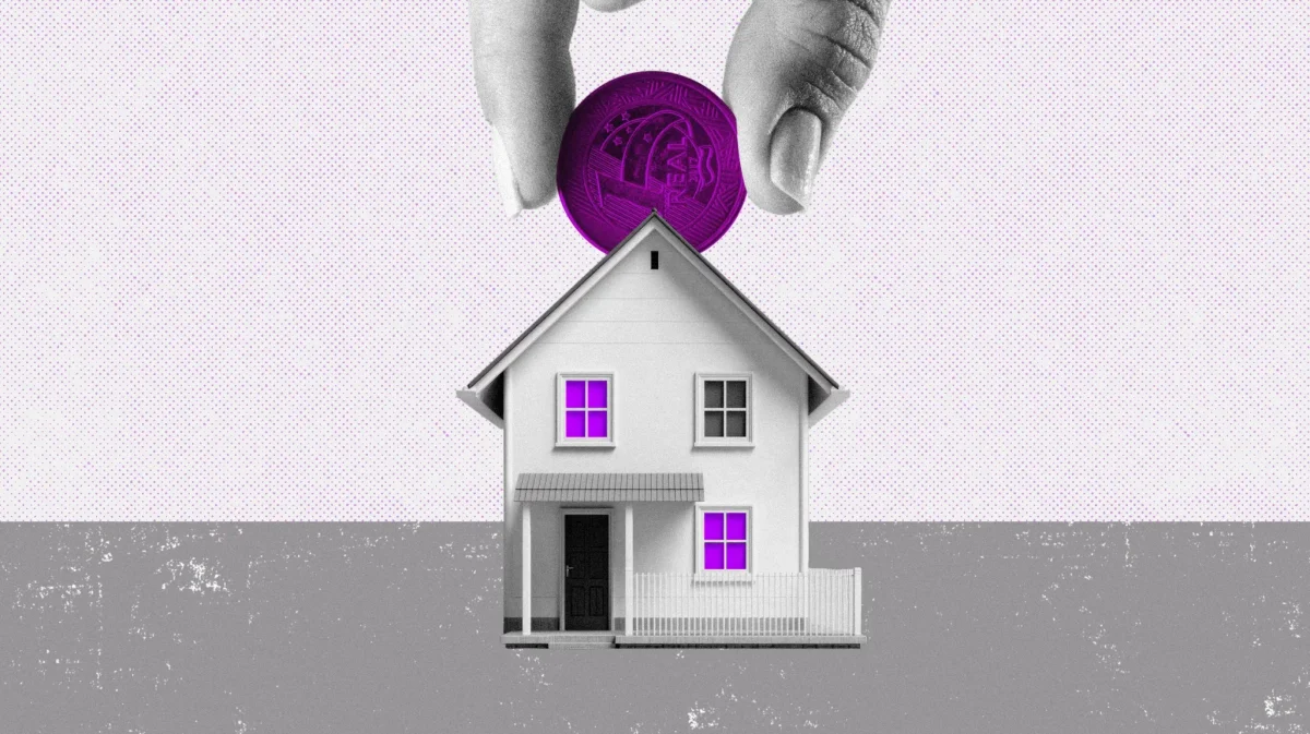 Ilustra&ccedil;&atilde;o de economia com m&atilde;o colocando moeda em casa.