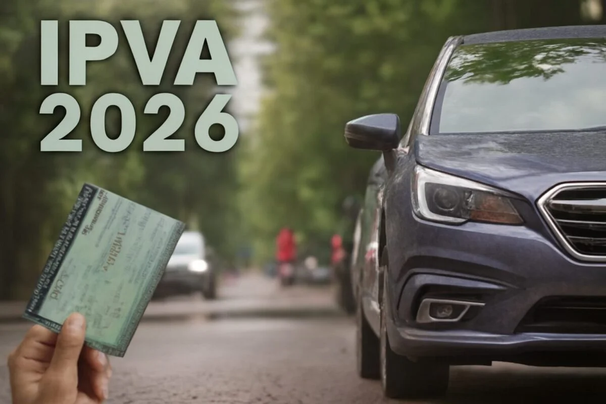 Imagem representativa do IPVA 2026 com um carro ao fundo.