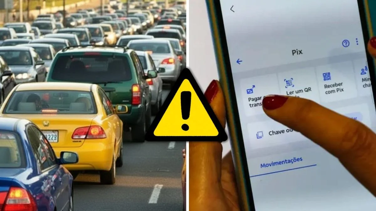 Sinal de alerta com imagem de carros na rua e interface PIX.