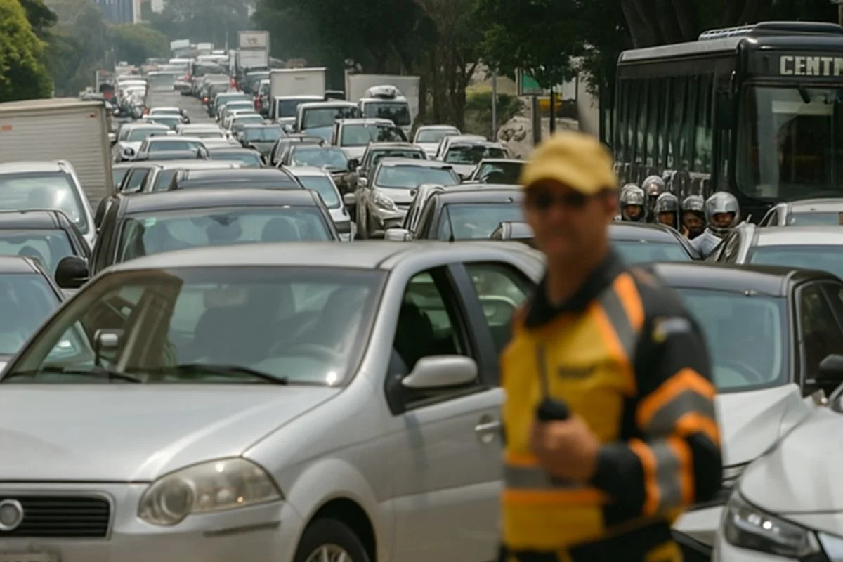 Tr&acirc;nsito intenso em avenida movimentada