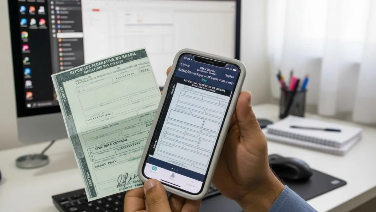 Documento digital de ve&iacute;culo exibido em um smartphone