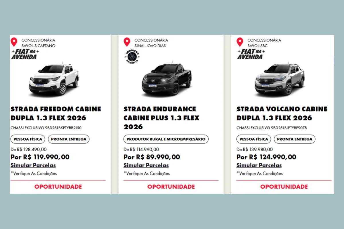 Ofertas da Fiat Strada de diferentes modelos e preços.