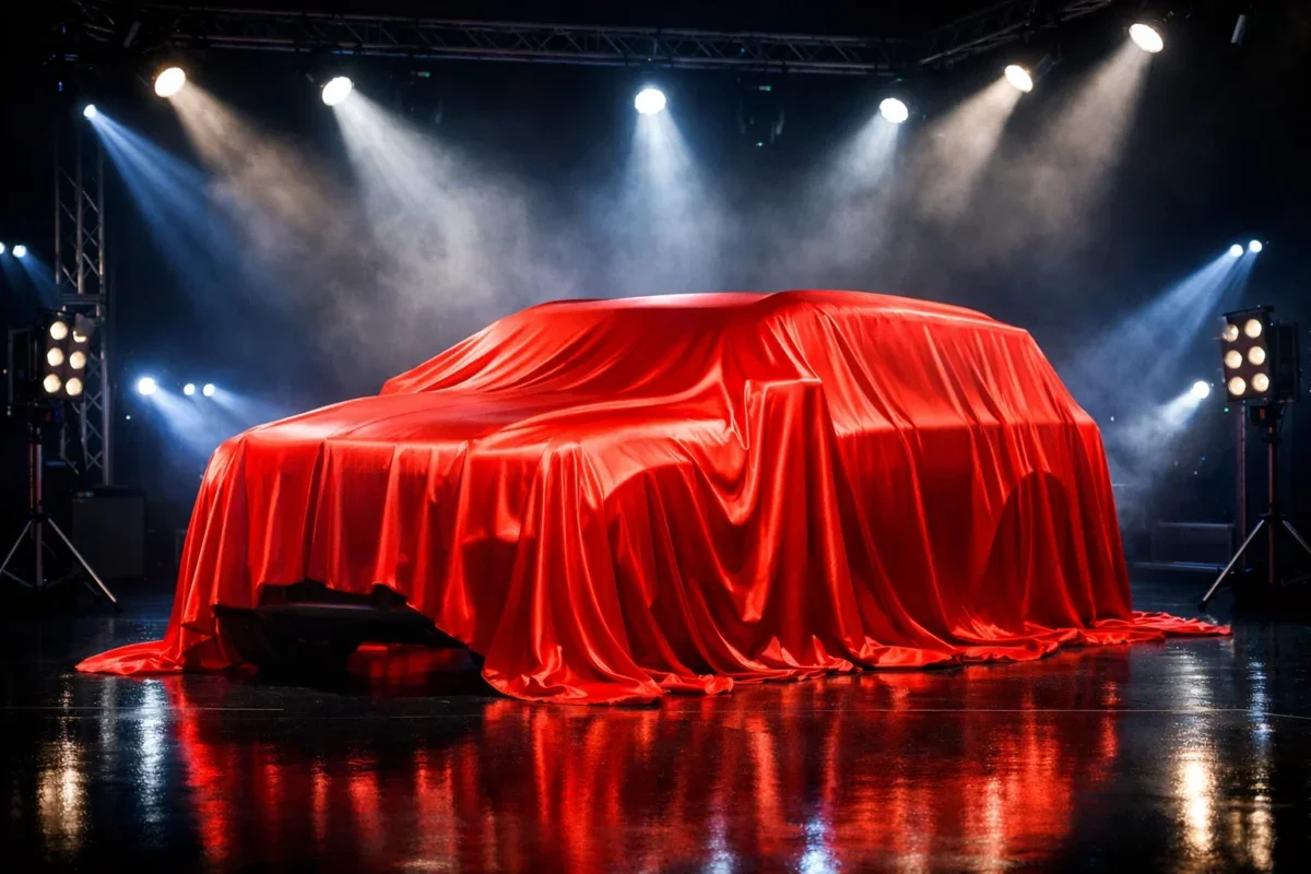 SUV sob um pano vermelho prestes a ser revelado.