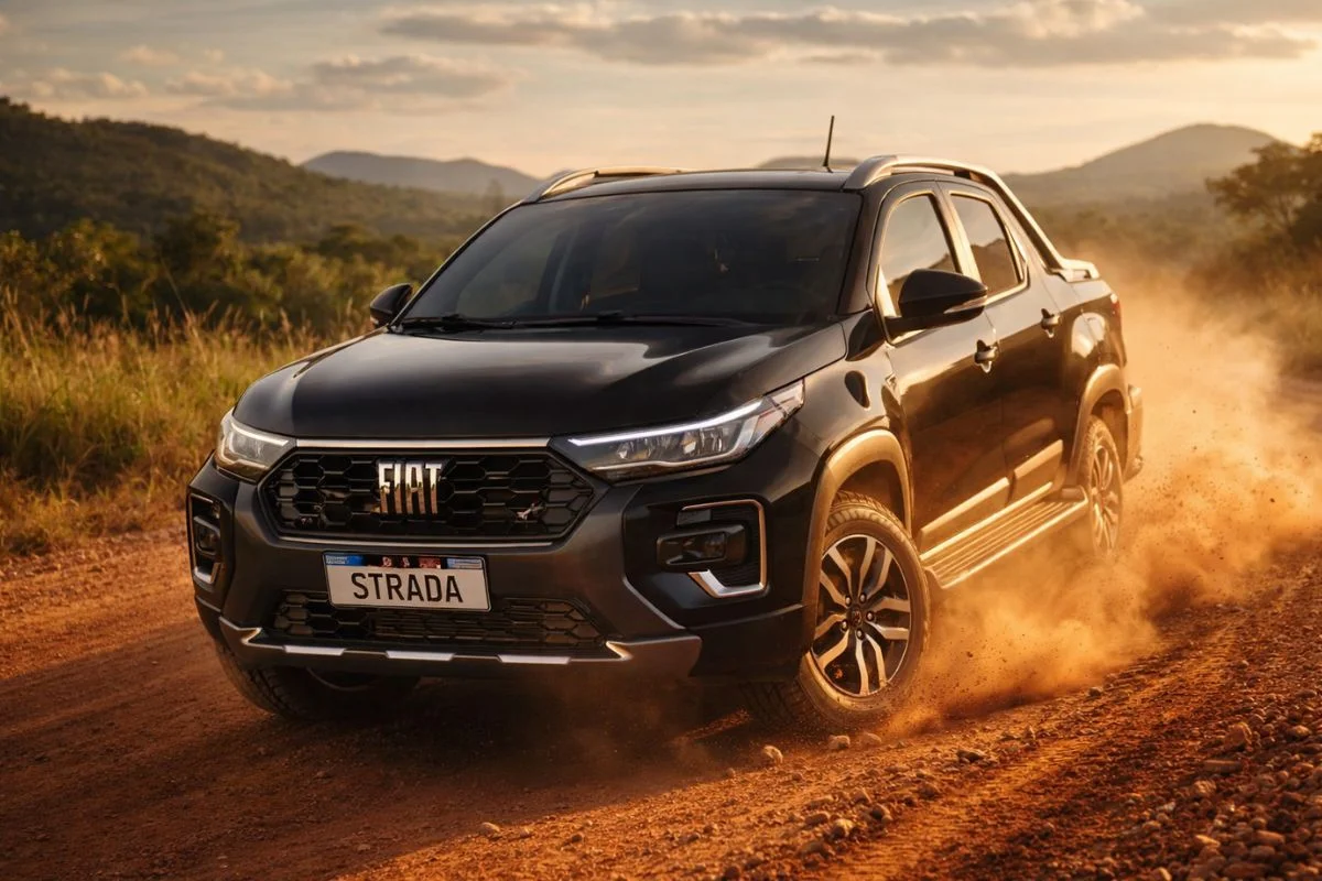 Fiat Strada em área rural com poeira ao redor
