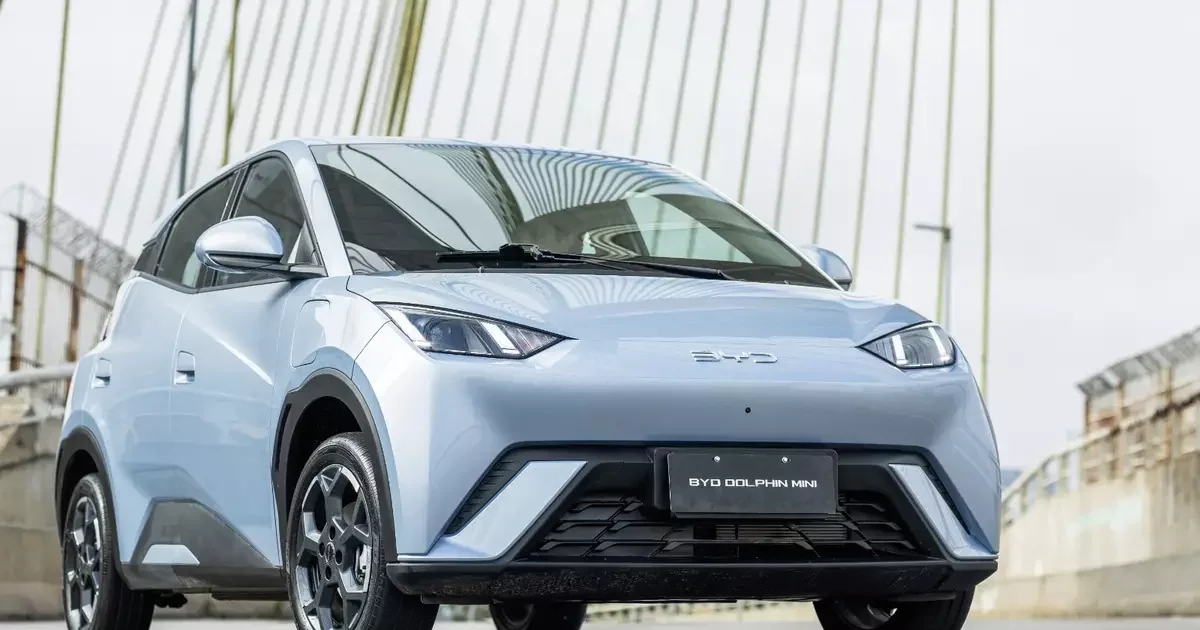 BYD Dolphin Mini em frente a uma estrutura moderna