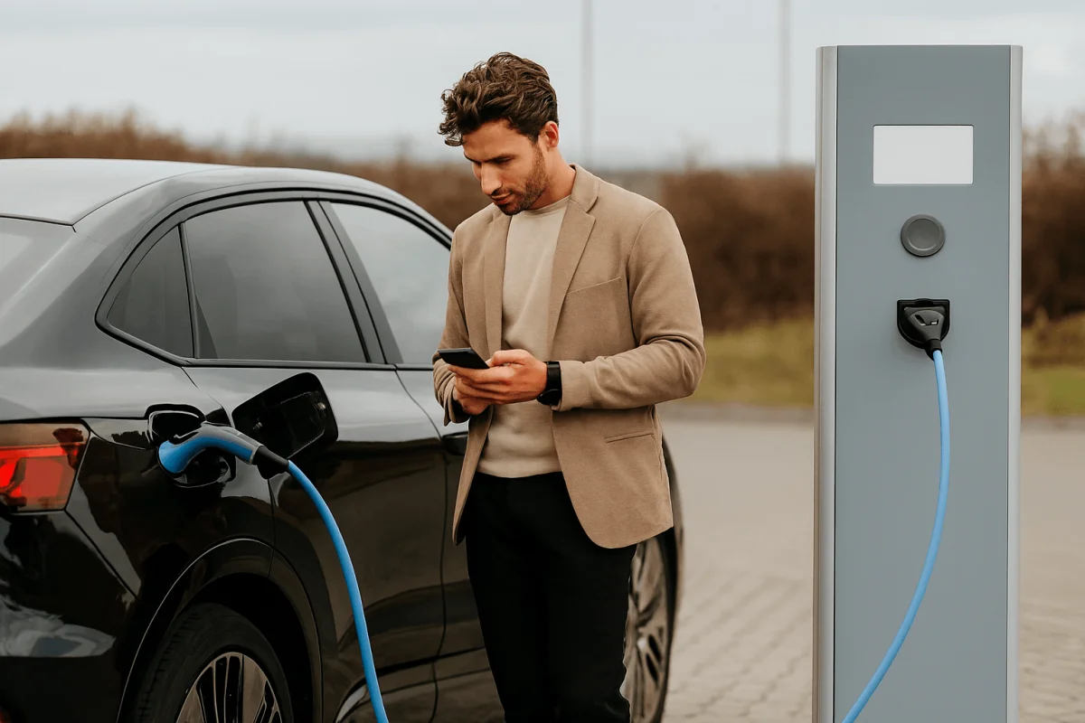 Homem usando celular enquanto carro elétrico carrega.