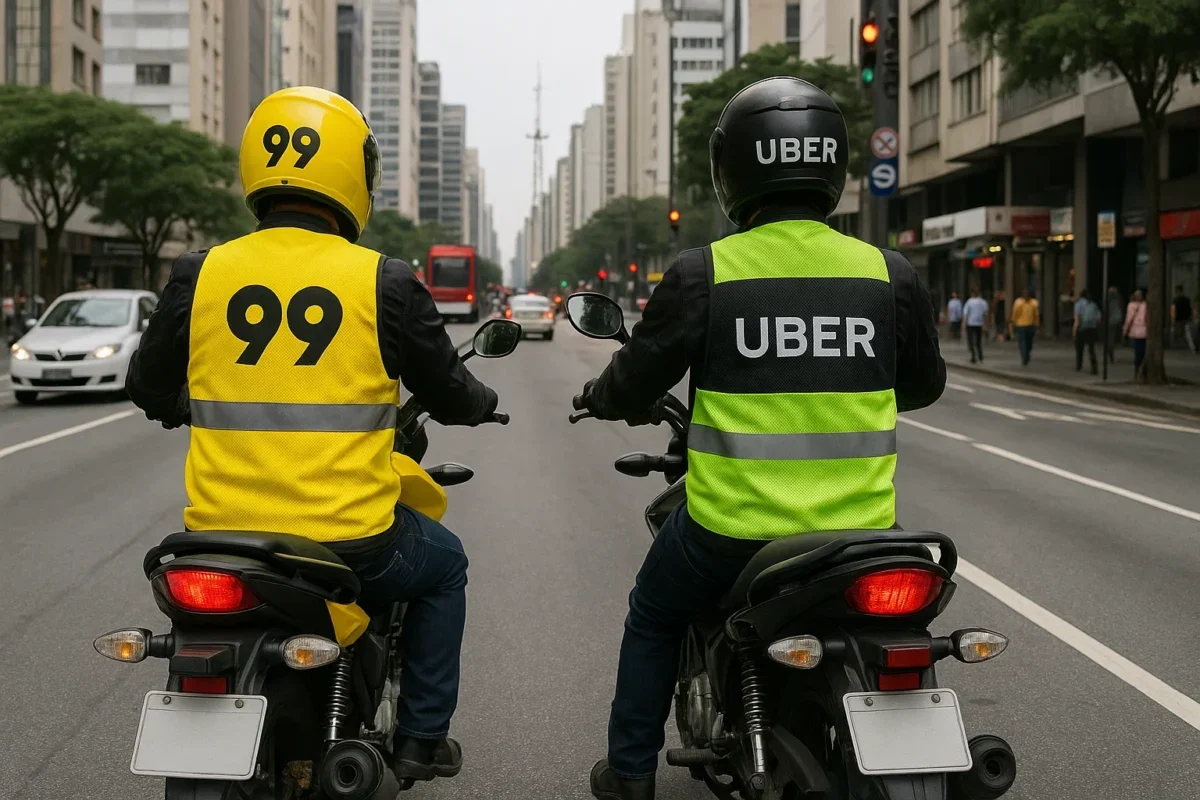 Motociclistas usando uniformes de Uber e 99