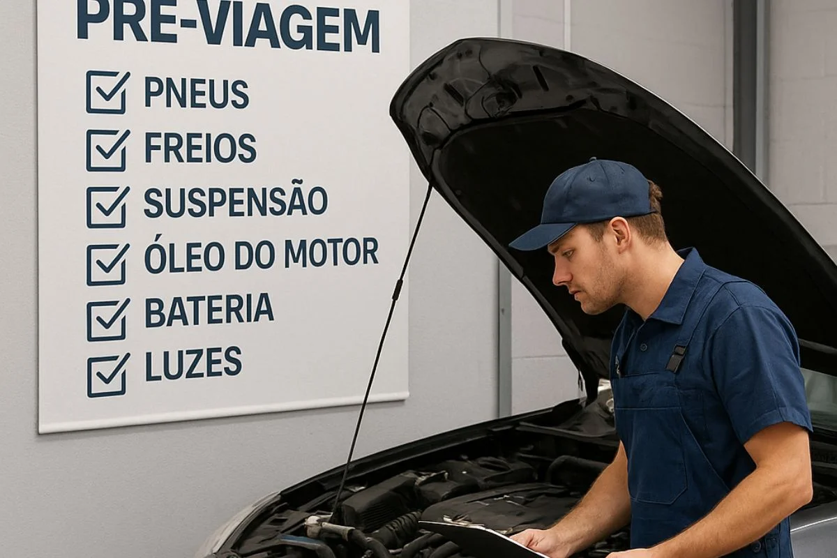 Homem revisando partes do motor do carro antes de uma viagem.