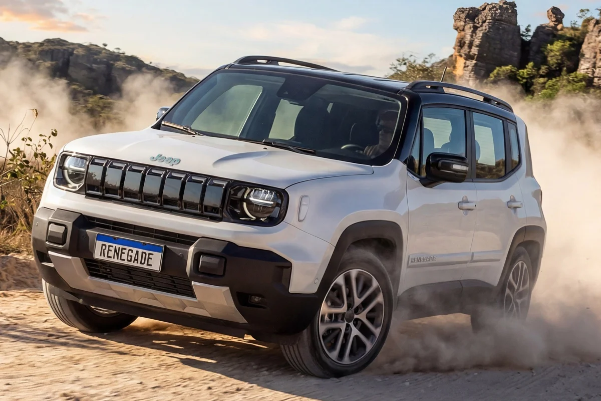 Jeep Renegade Sahara 2027 visto de frente em movimento