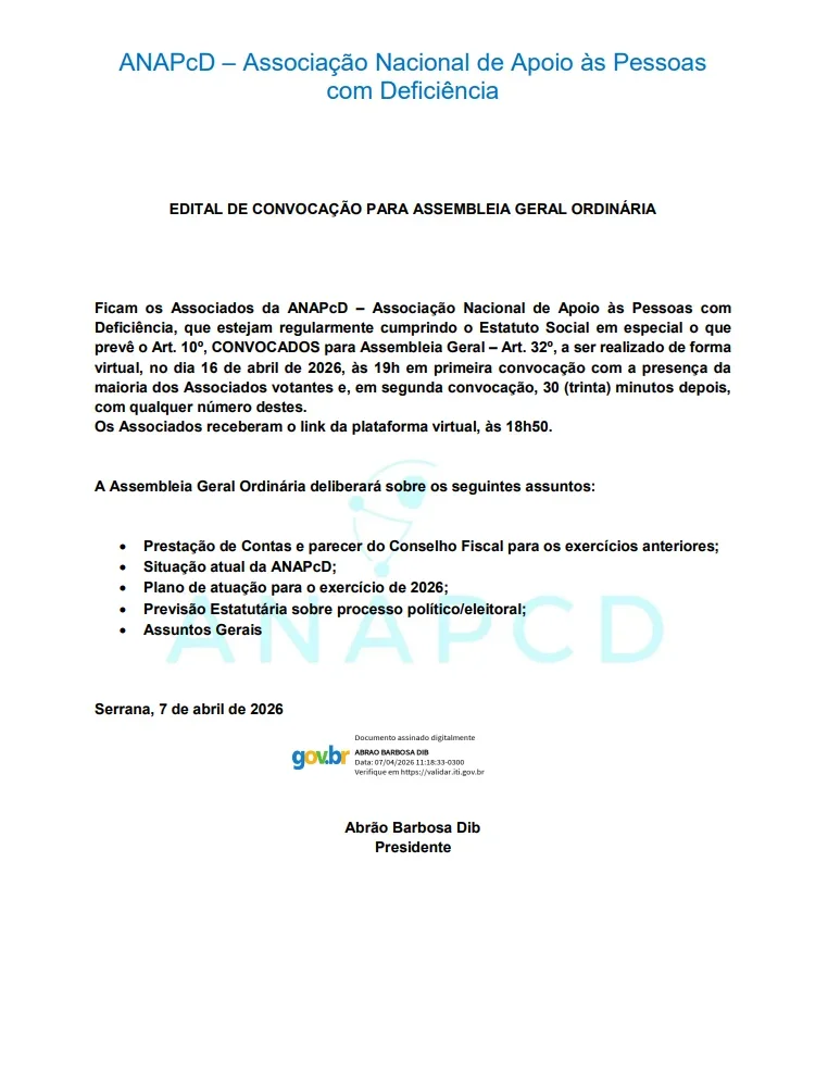 Documento de convoca&ccedil;&atilde;o para assembleia da ANAPcD.