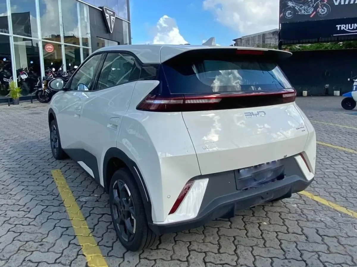 Traseira do BYD Dolphin Mini estacionado.