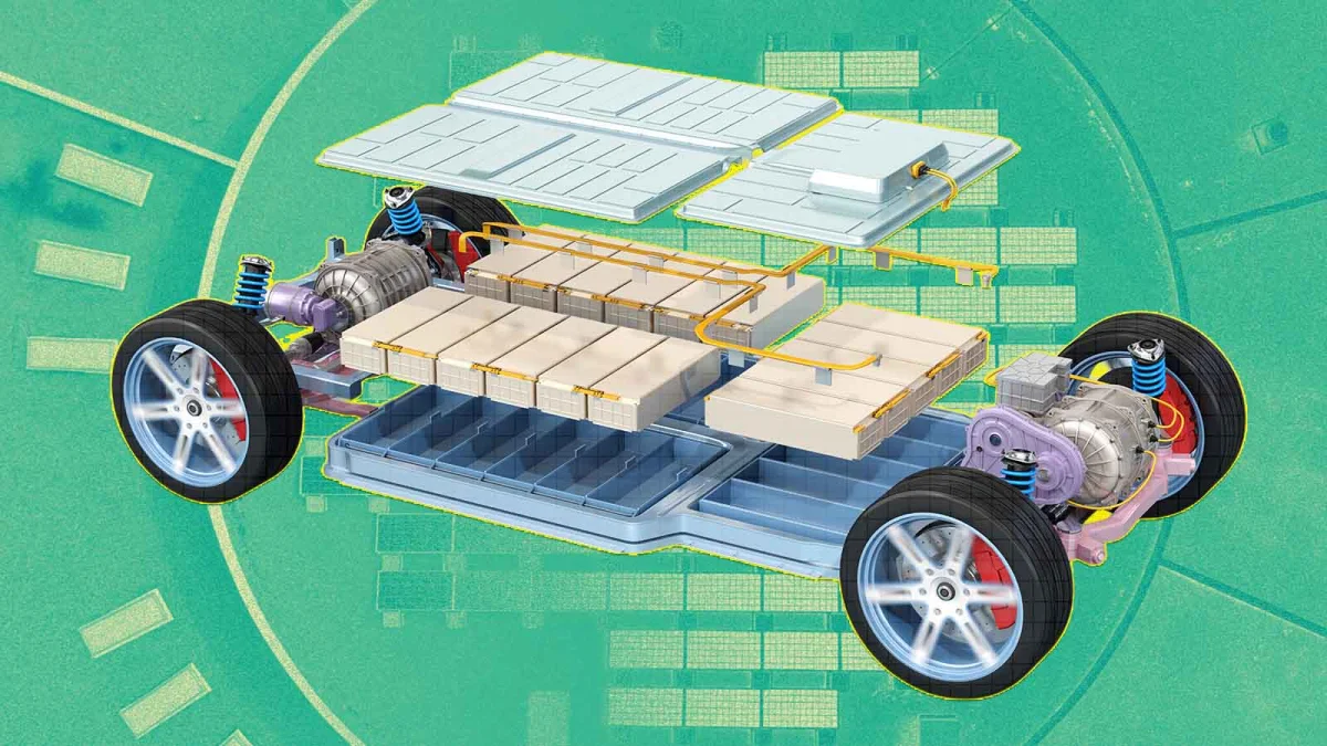 Desenho explodido de baterias de carro elétrico.