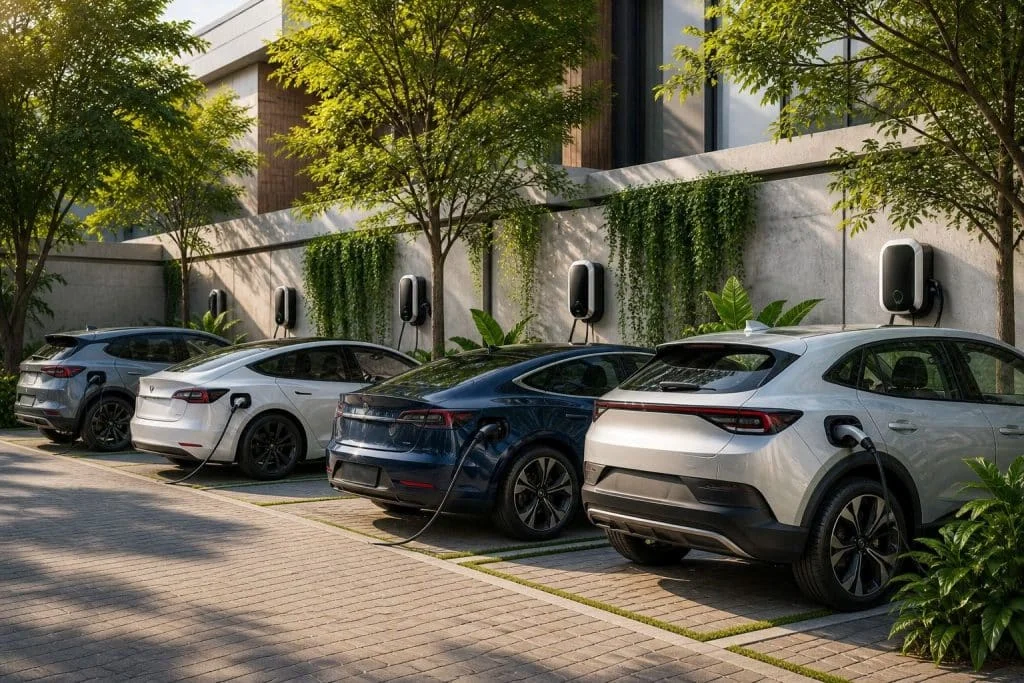 Fileira de carros elétricos estacionados