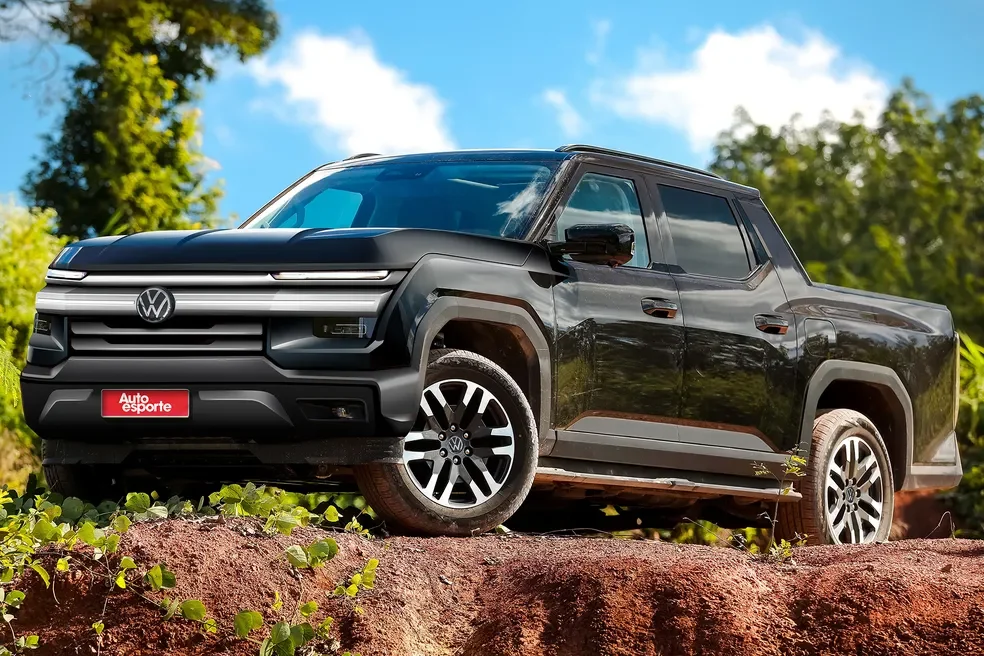 Projeção da nova Volkswagen Amarok em estrada de terra.