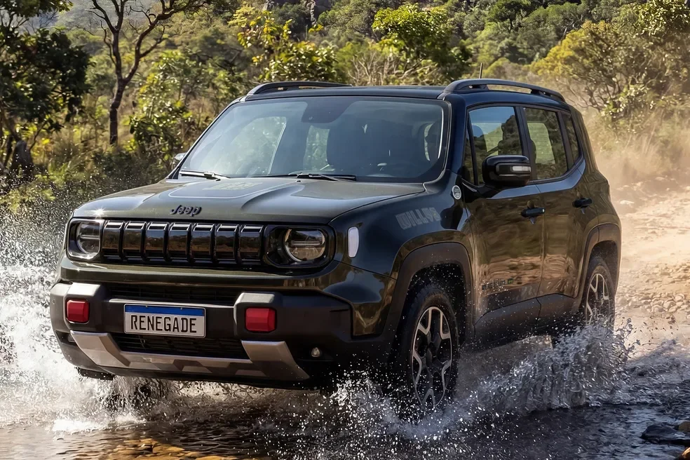 Jeep Renegade Willys 2027 cruzando uma trilha off-road
