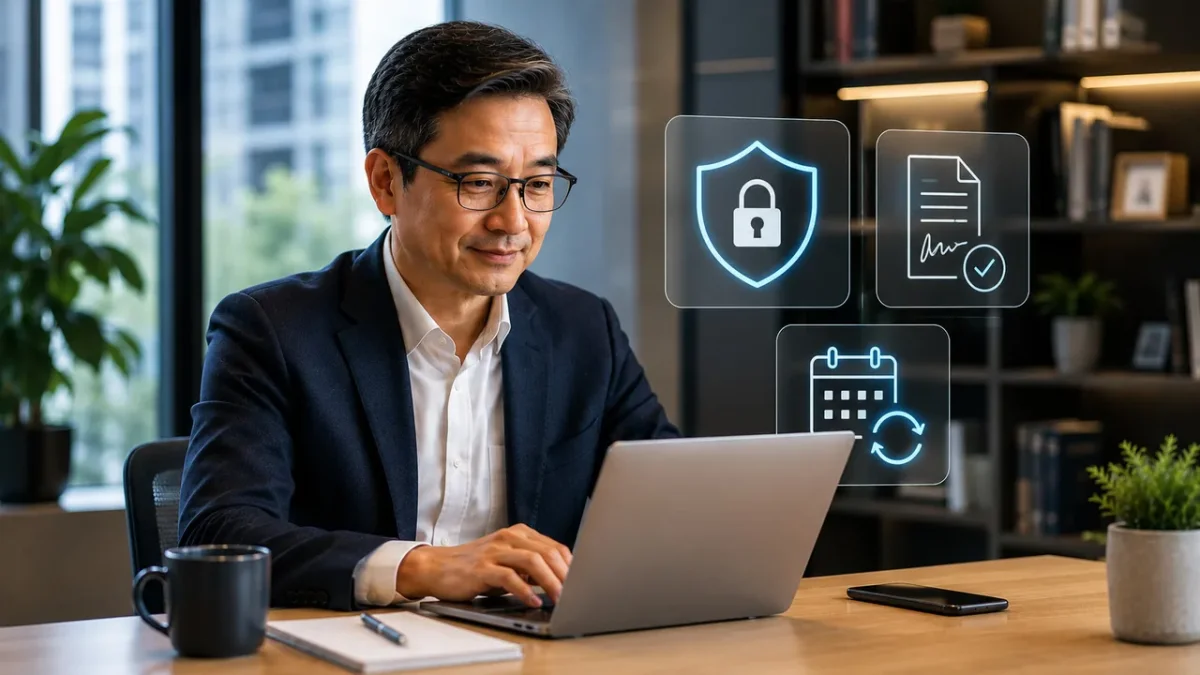 Homem em frente ao computador renovando certificado digital