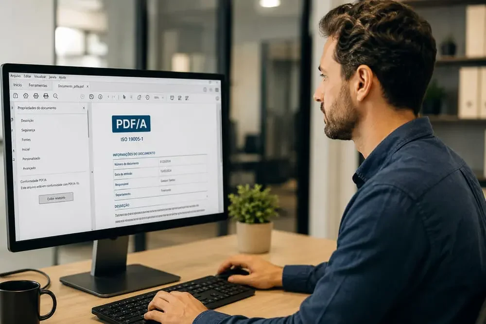 Homem usando o formato PDF/A em seu computador
