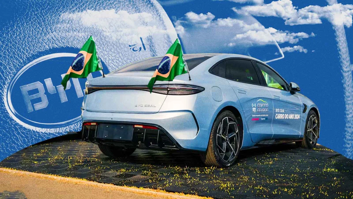Carro elétrico com bandeiras do Brasil, simbolizando crescimento.