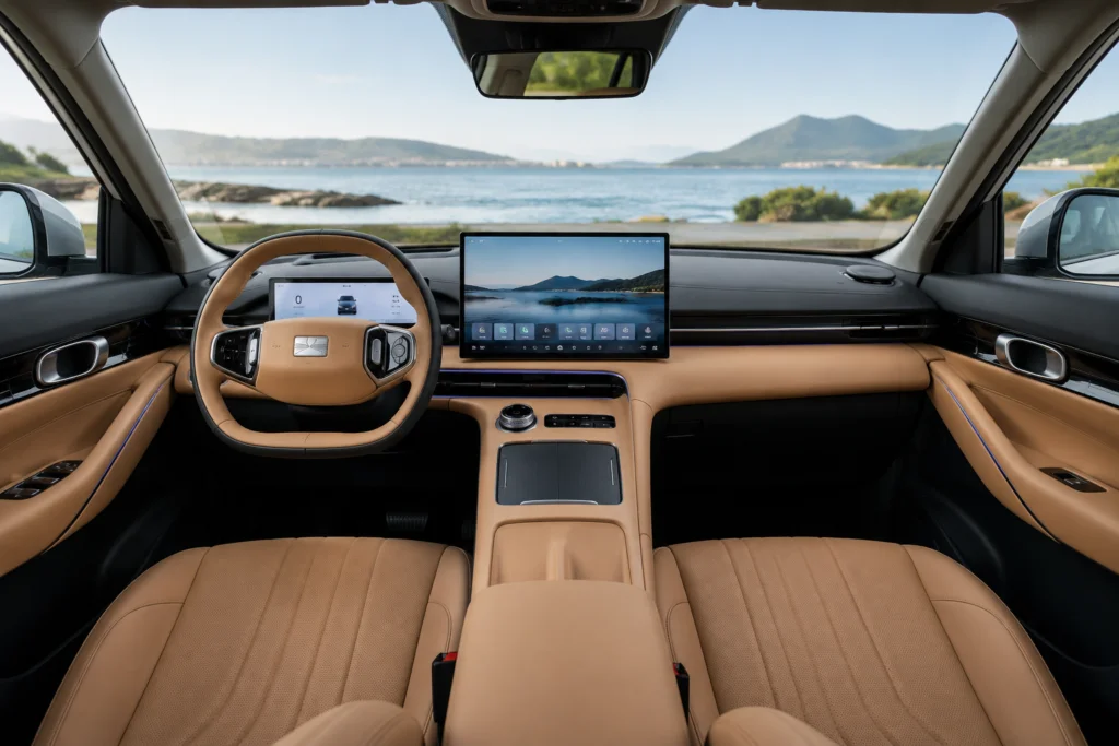 Interior de um carro moderno com vista para o mar.