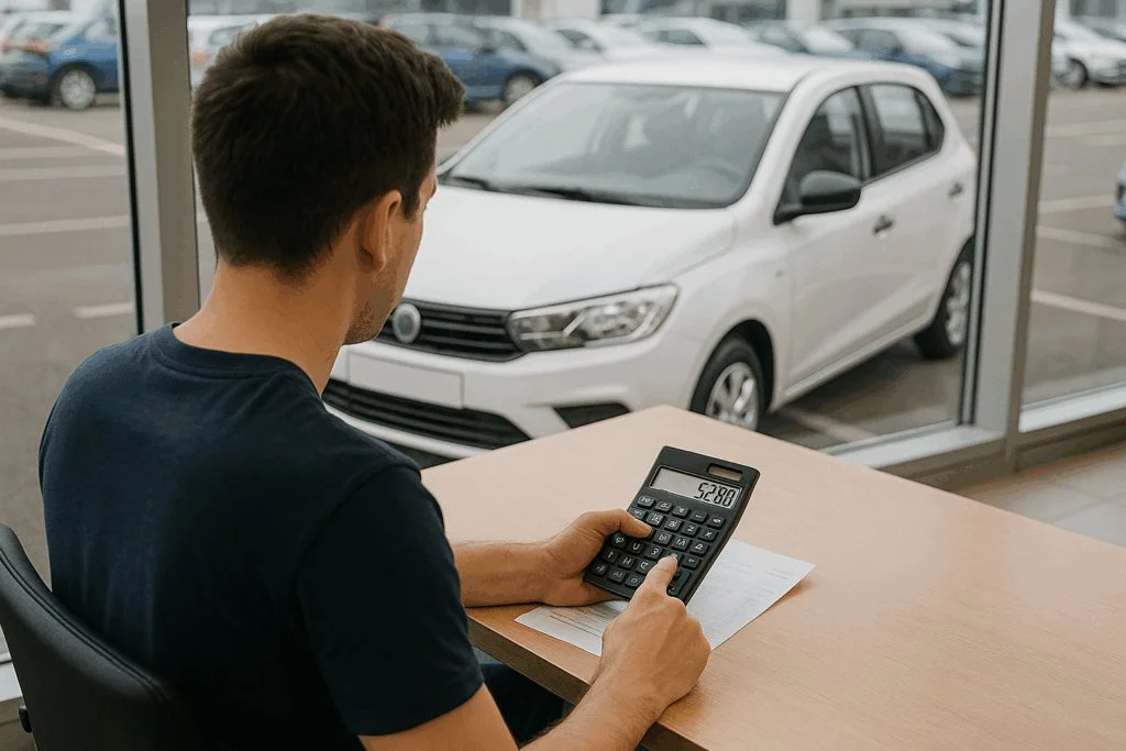 Pessoa calculando em frente a um carro no showroom.